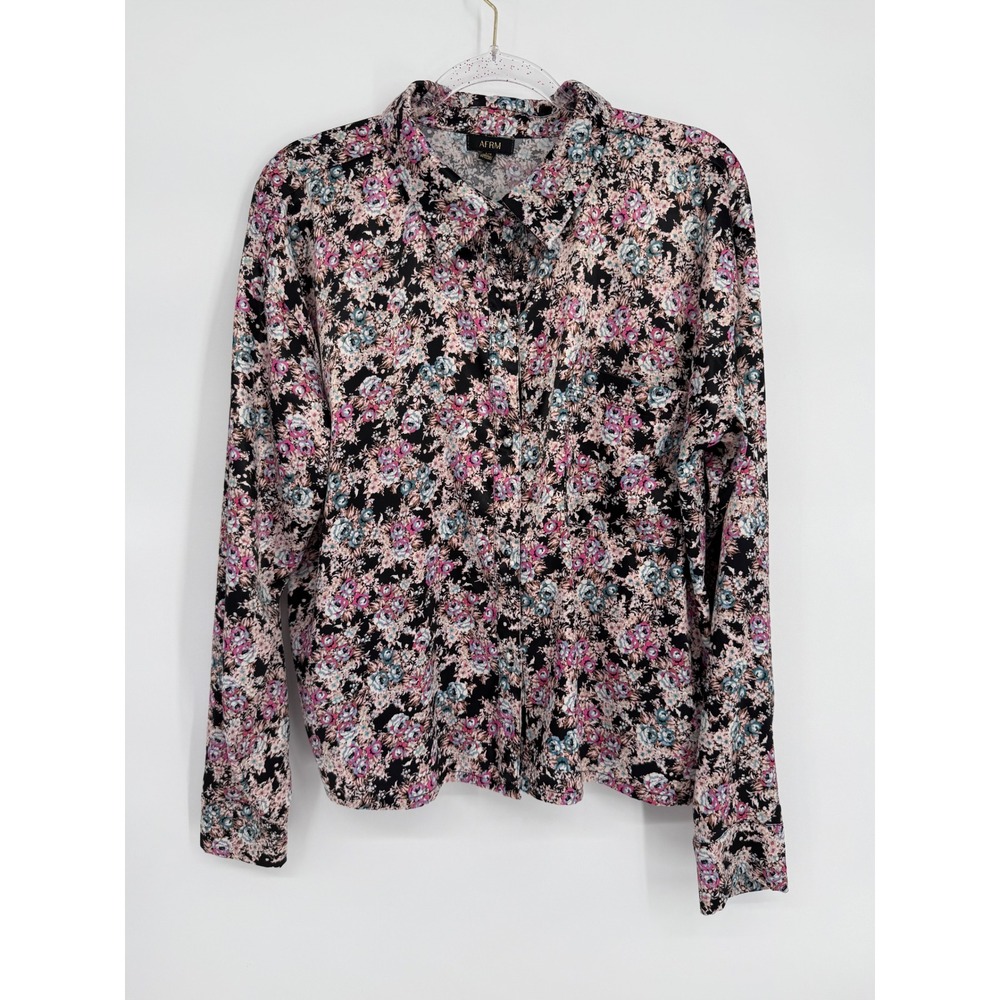 AFRM Womens Floral Long Sleeve Button Down Shirt Black Pink Blue Sz L